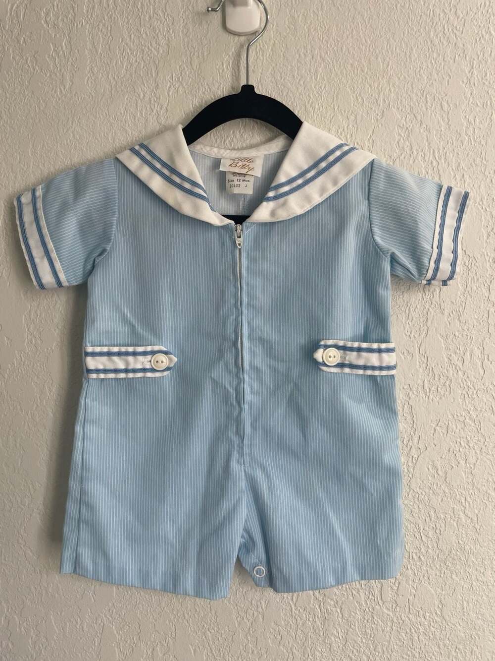 Little Bitty Vintage Baby Boy Sailor Romper, Light Blue Stripe, Size 12 Months
